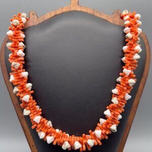 Vintage Western Germany Orange Shell Plastic Strand Necklace Gold Tone 22"